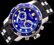 Invicta Mens PRO DIVER SCUBA Chronograph Silver Blue Gold Dial Black Strap Watch