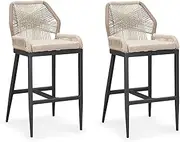 Purple Leaf Bar Stools Set of 2 Rattan Outdoor Bar Chairs Wicker Bar Height Stool with Back Rattan Bar Chairs All Weather Metal Bar Height Stool for Patio, Dark Grey