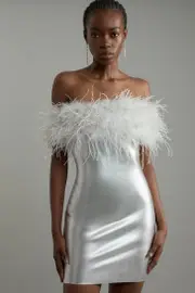 Petite Foiled Figure Form Bandage Knit Feather Bardot Mini Dress