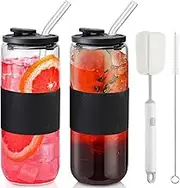 24oz Can Shaped Glass Cups with Lids and Glass Straws, 2PCS Drinking Glasses with Lids and Straws, and Silicone Sleeves, Beer Glasses, Iced Coffee Cups, Soda, Gift 2 Cleaning Brushes - Black