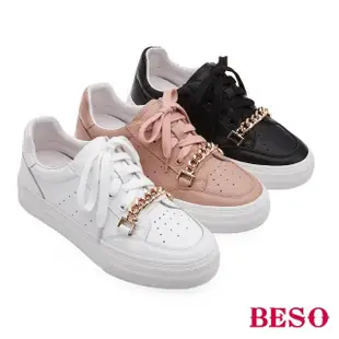 【A.S.O 阿瘦集團】BESO 柔軟牛皮搭配金屬鍊條綁帶休閒鞋(白色)