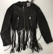Diesel Women L-Avior Tassled Cropped Leather Zip Up Jacket $998 Black Size S