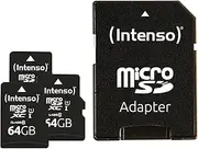 Intenso Premium microSDXC 3X 64GB Class 10 UHS-I Memory Card with SD Adapter (up to 90 MB/s) Black