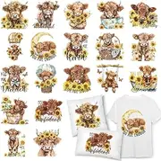 19 Sheets Highland Cow Iron on Stickers Western Cow Sunflower Heat Transfer Decals Cattle Printed HTV Crafts Vinyl for Clothing T-Shirts Fabric Patches DIY