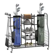 Costway Golf Bag Heavy Duty Metal Golf Storage Rack w/Removable Golf Club Holder & Wheels Black