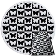 Black and White Checkered Butterflies Round Beach Towel