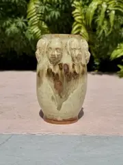 Unique NYC Craft Fair One Of A Kind Clay Tan Vase With Heads Encircling The Top