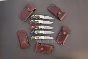 Set of 5 Damascus Steel Folding Knife Stag Horn Handle Knife Forged Pocket Knife