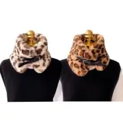 Winter Warm Fluffy Plush Collar Scarf Leopard Print Neckerchief with Buckle Belt