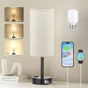 Beige Touch Table Lamp for Bedroom - 3 Way Dimmable Bedside Lamp USB C Charging