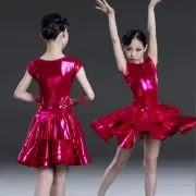 Shiny Girls Dance Dress Short Sleeve Layered Ruffle Swing Ballroom Latin Rumba