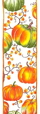 Pumpkins Bittersweet 2.5" 4 yards Wired Ribbon Orange Moss Green Thanksgiving