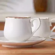 Set of 6 Turkish Coffee Cups Set and Saucer 12 Piece White Elegant Design 90 ml