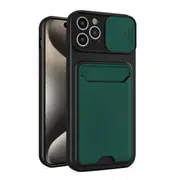 For Apple iPhone 15 Pro Max Card Holder Mobile Phone Case Camera Protection Lens Slider Camera Shutter Wallet Cover(Green)