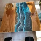 Square Blue Ocean Epoxy Resin Center Sofa Coffee Table Live Edge Wooden Decors
