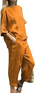 [HanzhuoLG] Women's Cotton Linen Tracksuit Set Summer Solid Color Casual Loose Half Sleeve Linen Shirt & Pants Two Piece Set Yellow Small