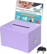 Donation Collection Ballot Box Ticket & Drawing Voting or Comment Box office and fundraising suggestion box 6.25 x 4.75 x 4 inch Box Display Sign Holder 4 x 6 inch with Lock and keys (Purple)