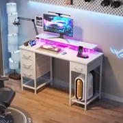 Advwin Gaming Desk 120cm w/ RGB LED Lights & Power Outlets Computer Desk w/ Drawers & Monitor Stand White