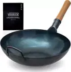 Flat Bottom Wok Pan - 34 Cm/13.5" Blue Carbon Steel Wok- Preseasoned Carbon Stee