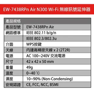 訊舟 EW-7438RPn Air N300 Wi-Fi無線訊號延伸器 現貨 蝦皮直送