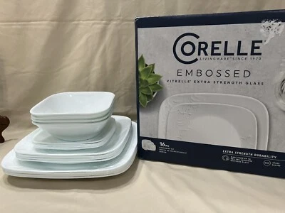 16pc Corelle Embossed Vitrelle Extra Strength Dinner Set, Made In USA, A1996