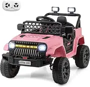 HONEY JOY 12V Kids Ride on Car Jeep, Dual Motor Toddler Electric Vehicle w/Parental Remote, 3 Speeds, LED Lights & Music Player, Spring Suspension Ride on Toys for 3+ Years (Pink)