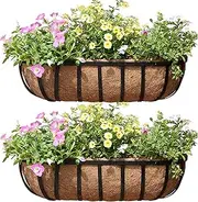 24 Inch Railing Planter Window Box Deck Balcony Rail Planter with Coco Liner Metal Wall-Mounted Coconut Liner Planter Basket English Horse Trough Planter for Outdoor Balcony Porch Fence Patio (2 Pack)