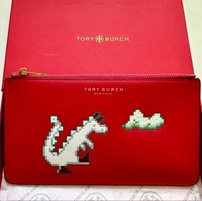 NWT Tory Burch Year Of Dragon Red Leather Top Zip Card Pouch Wallet Wristlet