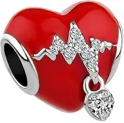 [SBI Jewelry] Women Love CZ Red Heart Beat Charm Compatible with Pandora Charm Bracelet Bead Anniversary Birthday, No Gemstone