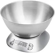Digital Kitchen Scale with Removable Bowl 2.5L Volume, Electronic Stainless Steel Food Scale for Cooking Baking, Room Temperature, Alarm Timer, 12lb 5.5kg, Batteries Included