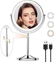 SLIMOON 9" Large Lighted Makeup Mirror, Height Adjustable & 3 Color Dimmable Lights, 1X/10X Magnifying Mirror with Light, 80 LED Lights, 360°Rotation Double Sided Vanity Mirror