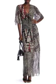 NWT BCBG MAX AZRIA $328 GINGER SPICE PATCHWORK MAXI WRAP DRESS SZ XS