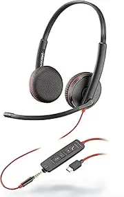 Plantronics - Blackwire 3225 USB-C Wired Headset - Dual-Ear (Stereo) with Boom Mic - Connect to PC/Mac via USB-A or Mobile/Tablet via 3.5 mm Connector - Works with Teams, Zoom, Standard