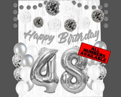 Silver & White 48th Birthday Decorations - 40" Number Balloons &More-Boy or Girl