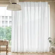MAIHER Beige White Extra Wide Pinch Pleated Curtains 96 Inches Long, Pleated Drapes Light Filtering Faux Linen Semi Sheer Curtain Patio Privacy for Traverse Rod (1 Panel, 100" W x 96" L)