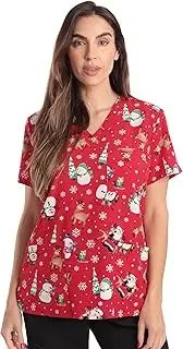 [Just Love] Women's V-Neck Printed Scrub Top 7068-G-1-XL, Xmas Santa Reindeer Stretch Fabric, X-Large