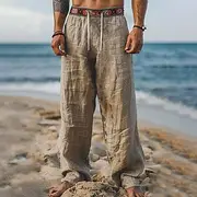 Men's Linen Pants Trousers Summer Pants Beach Pants Patchwork Elastic Waist Drawstring Geometric Comfort Breathable Full Length Casual Daily Holiday Vacation F