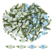 100Pcs Light Blue/Light Green Ribbon Roses 5/8"x1-3/16" Mini Roses