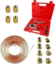 25 ft 3/16 Copper Coated Brake Line Kit Assortment With 16 Fittings and 4 Unions Brake Line Fittings,Brake Line Double & Single Flaring Tool Kit for Hydraulic Braking Systems,Fuel Systems (3/16)