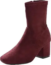 [Riversoft] Womens Winter Boots - Mid Calf - Purple Casual Shoes - Work Footwear - Burgundy Side Zip - Short Block Heel - Round Toe - Office Fashion 9.5