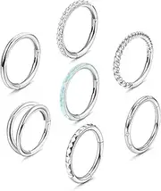 [Kakonia] 7Pcs 18G 16G Surgical Steel Nose Rings Hoops for Women Men Opal CZ Clicker Hinged Segment Septum Lip Hoop Nose Rings Helix Cartilage Conch Daith Rook Earrings Piercing Jewelry 8mm 10mm