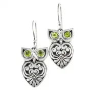 925 Sterling Silver Scroll Design Owl Peridot Eyes Sterling Earrings, 3/4"