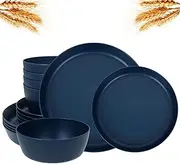 EI 12pcs Dark Blue Wheat Straw Dinnerware Set,Wheat Straw Plates,Plastic Plates Reusable,Plates and Bowls Sets,Dinner Plates Set of 4,Unbreakable Plastic Plate for Dinner, Camping,Picnic