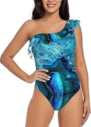 [YTORA] Beautiful Peacock V Neck Ruffle One Piece Swimsuit Ladies Print Sexy Bathing Suit Tie Swimwear