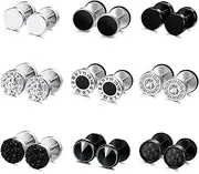 [FIBO STEEL] 9 Pairs Fake Gauge Earrings for Men Women Stainless Steel Stud Earrings Round Cheater Plug Earrings Faux Gauges Ear Tunnel Mens Earrings, Metal, Cubic Zirconia