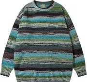 PEHMEA Men's Vintage Striped Sweater Oversized Crewneck Long Sleeve Knitted Pullover Jumper