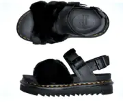 Dr Martens VOSS II Fluffy Blk Hydro Leather & Milo Fur Sandals US W 9 UK 7 NEW