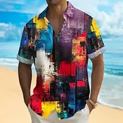 Men's Geometric Color Block Splash Ink Shirt Summer Shirt Button Up Shirt Short Sleeve Fashion Casual Outdoor Vacation Dailywear Summer Spring Turndown 3D Prin