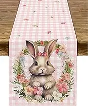 Pudodo Easter Table Runner Bunny Pink Buffalo Check Plaid Seasonal Spring Holiday Party Fireplace Kitchen Dining Room Home Decoration