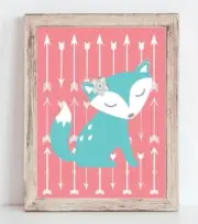 Coral And Aqua Girl Fox Nursery Print, Girl Woodland Arrow Nursery Decor